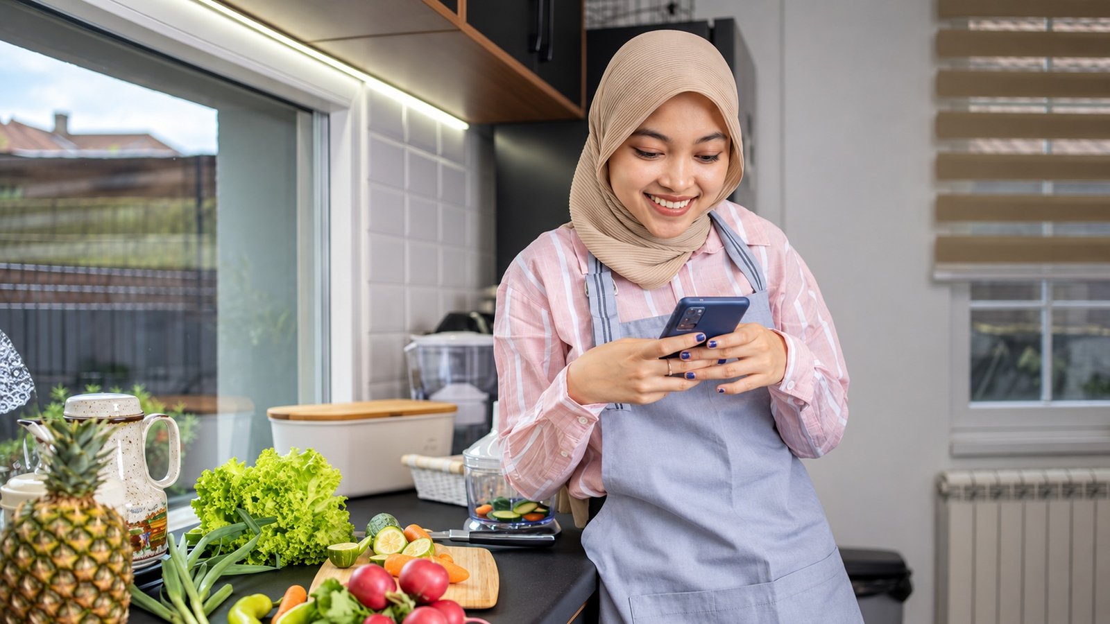 Ilustrasi seorang ibu menggunakan ponsel di dapur dengan bahan segar di meja